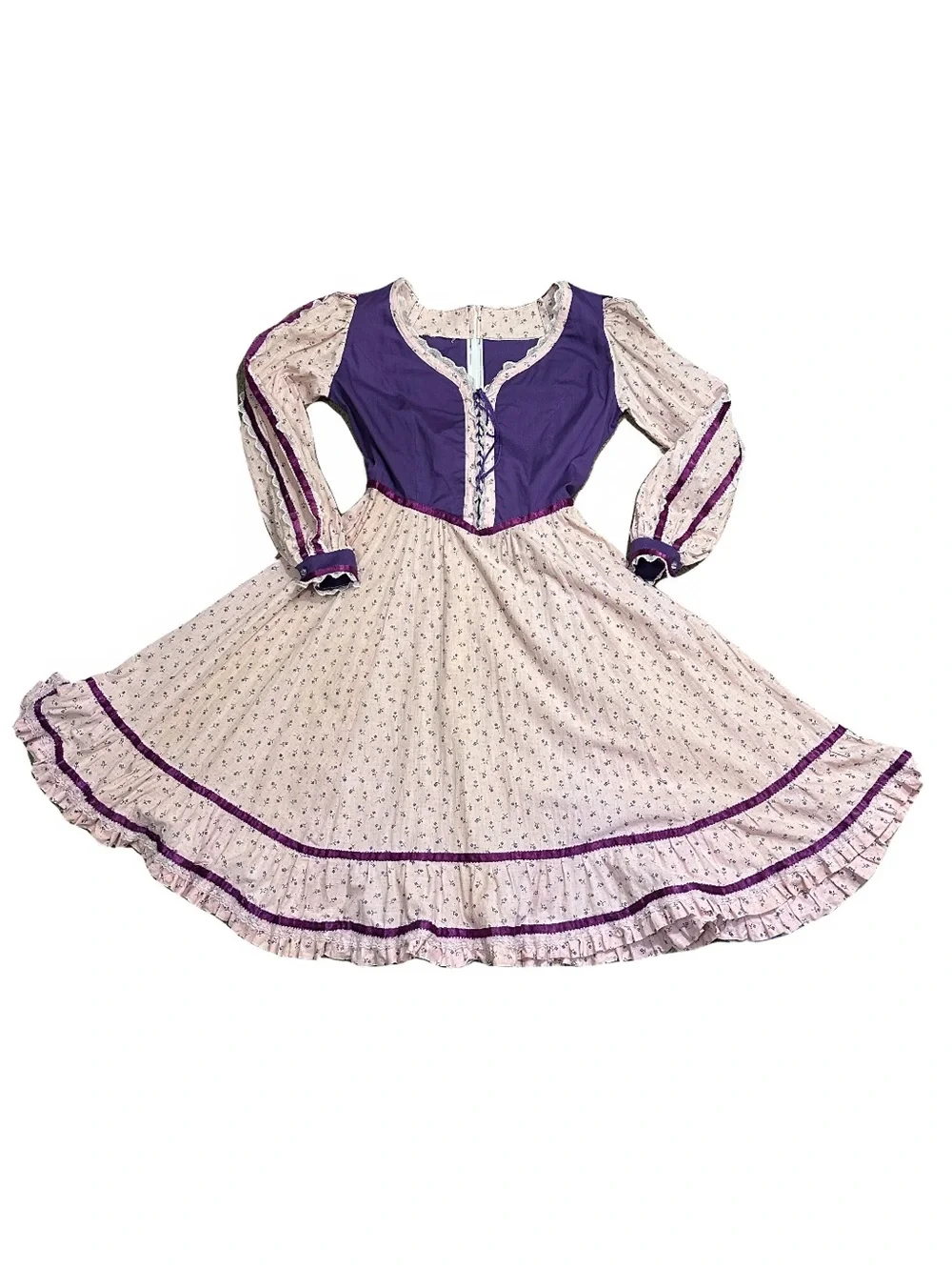 Vintage 70s Floral Calico Prairie Dress Lace Up Pink Purple Gunne Style Small